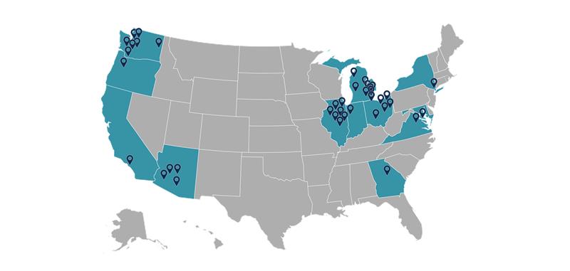US map of Pinnacle Fertility locations
